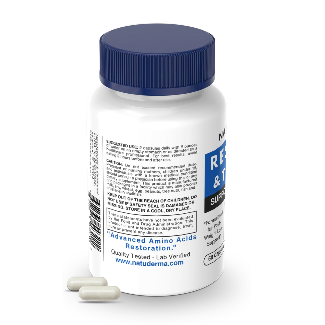 Amino Acids Supplement  for body recomposition bottle with blue cap and white label on a white background