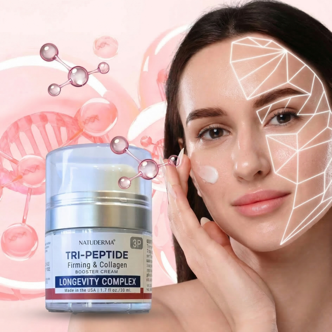 Natuderma Tri-Peptide skincare product with a woman applying cream on her face against a pink background with molecular graphics.