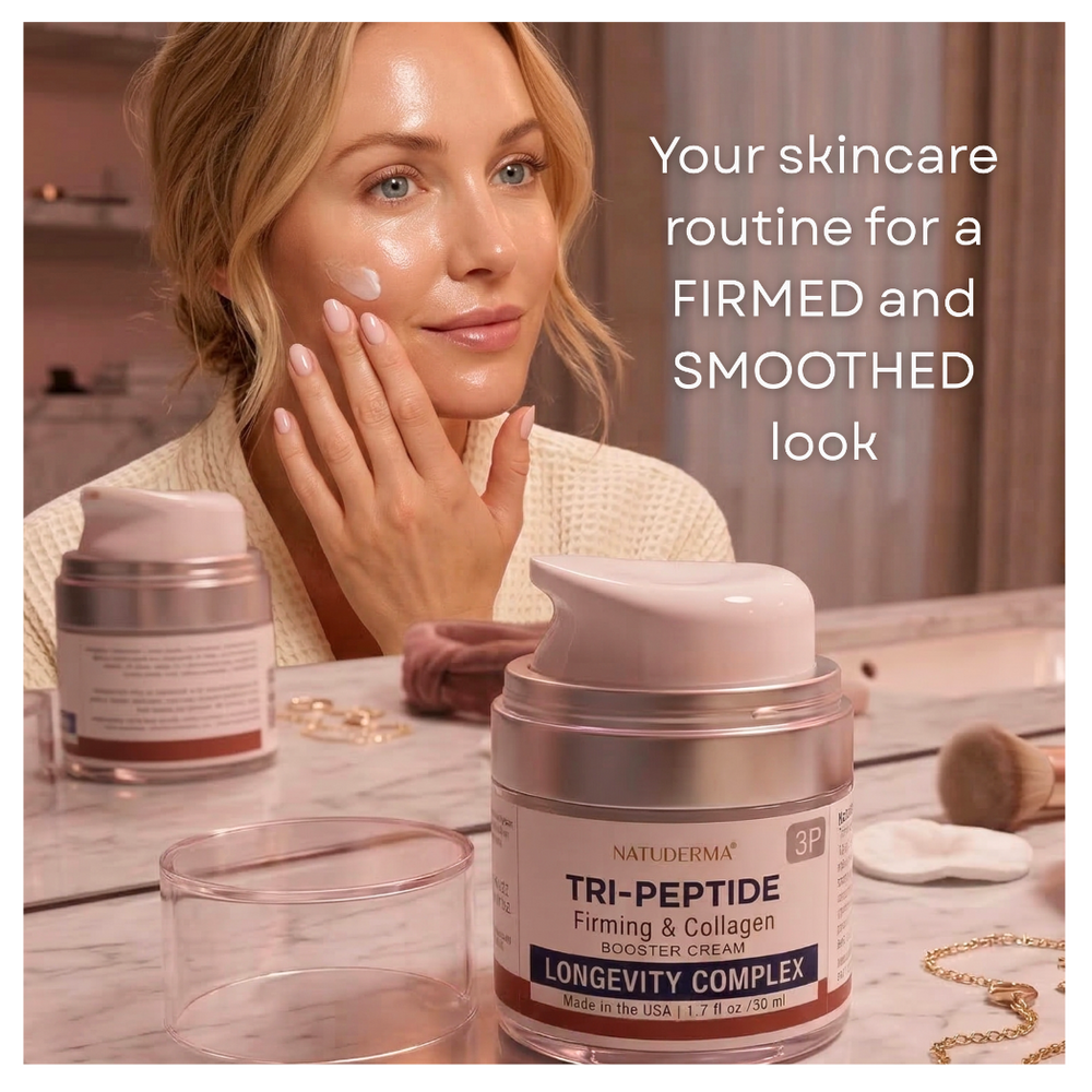 Woman applying cream with Natuderma Tri-Peptide skincare products on a marble surface.