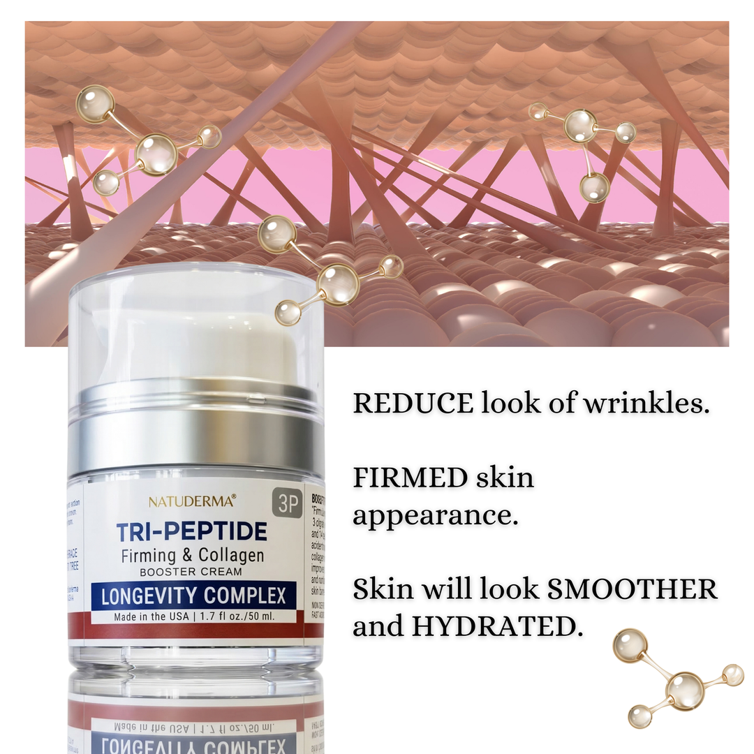 Natuderma Firming and Collagen Booster cream jar with text highlighting benefits on a white background