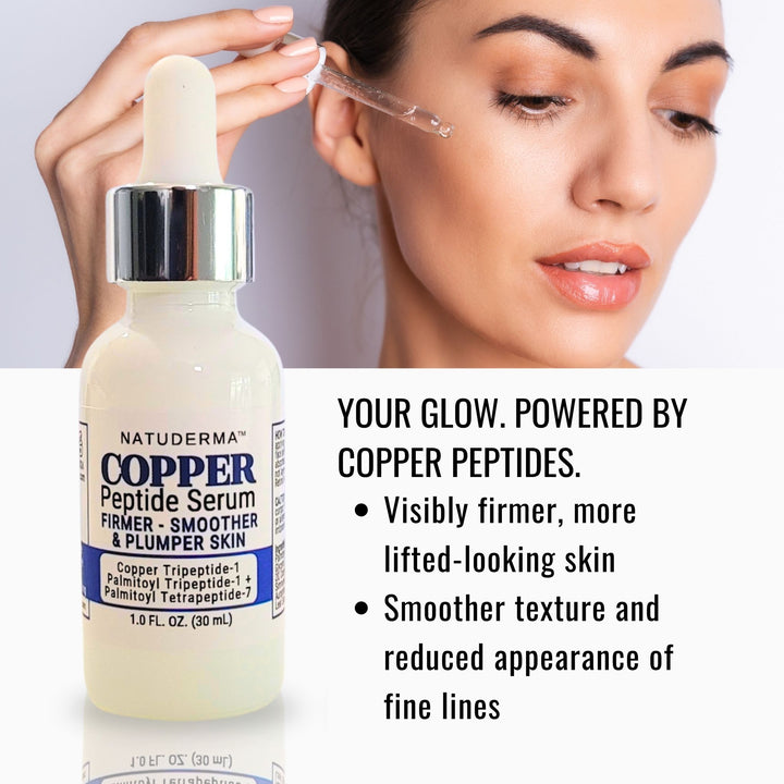 A bottle of Natuderma Copper Peptide Serum is shown alongside a woman holding a glass dropper near her face, with marketing text on the right about visibly firmer, smoother skin.