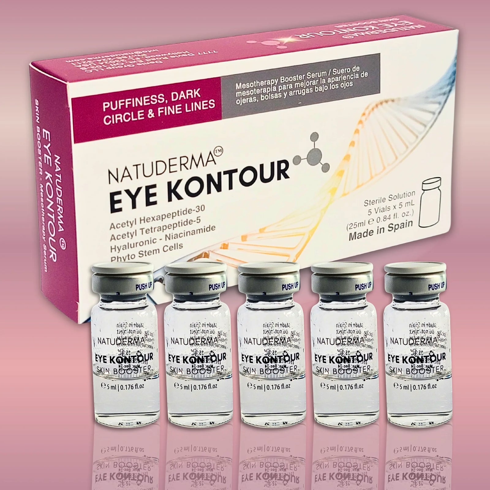 Natuderma Eye Kontour microneedling serum for  puffiness, dark circle and fine lines. Box with 5 vials on a pink background .