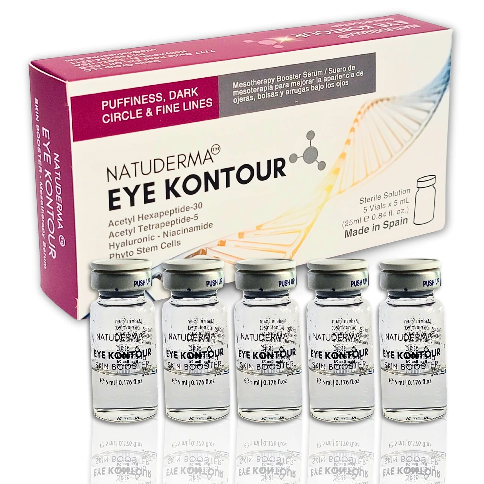 Natuderma Eye contour microneedling serum with packaging and 5 vials on a white background; for  puffiness, dark circle and fine lines.