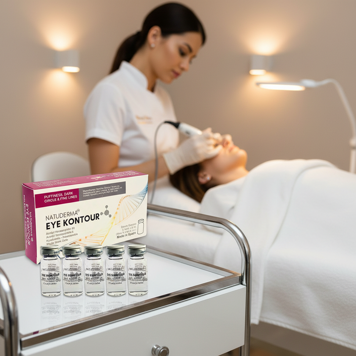 A Natuderma Eye Contour treatment setup with a box and five vials in the foreground on a white cart, while a spa therapist performs a facial treatment on a patient in a softly lit treatment room.