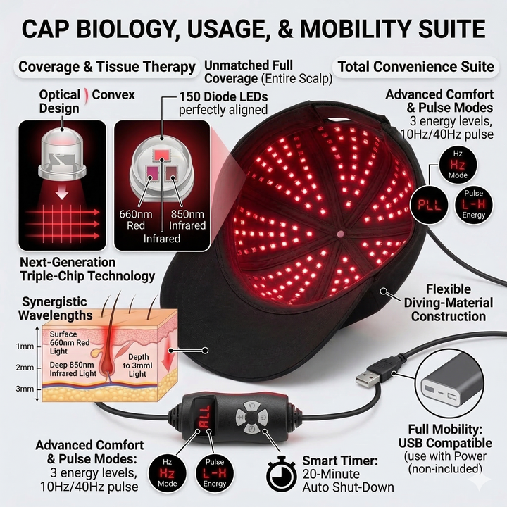 LED cap with biological and mobility features, including text and diagrams on a white background.