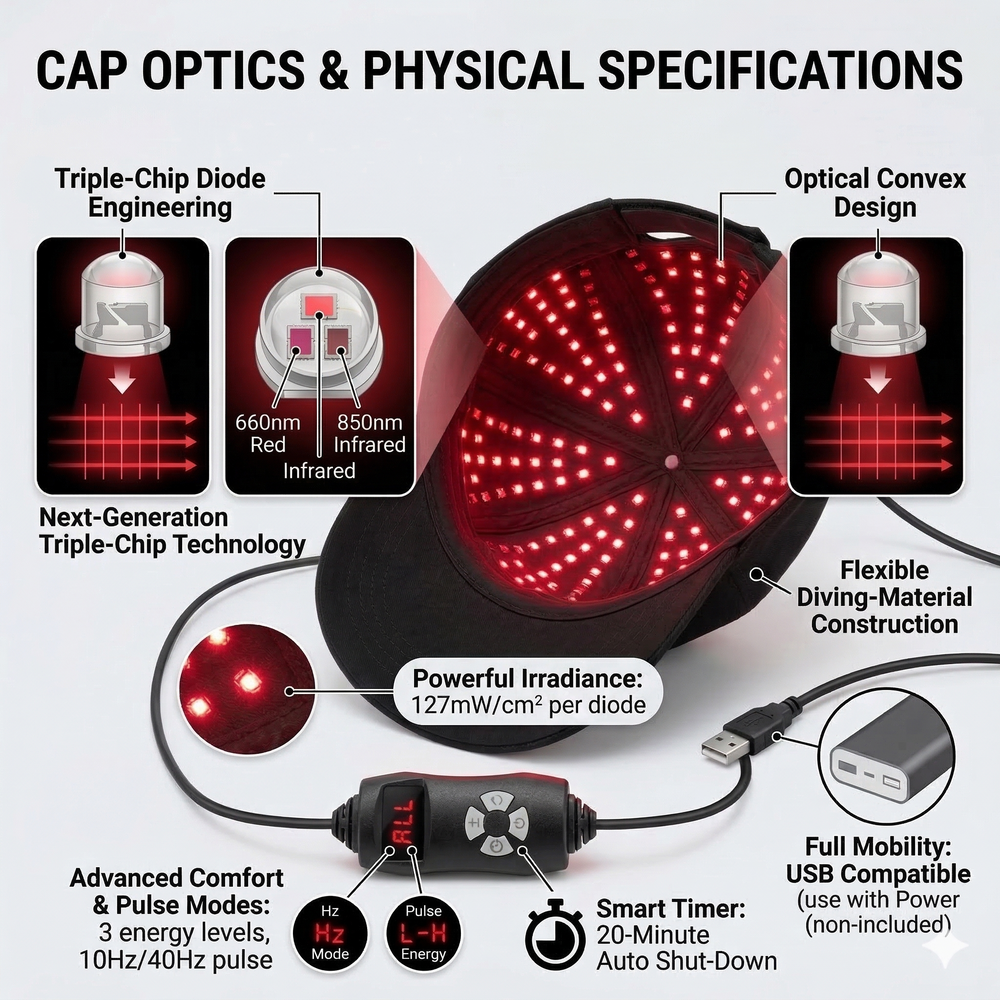 LED therapy light cap scalpforte with technical specifications and features on a white background