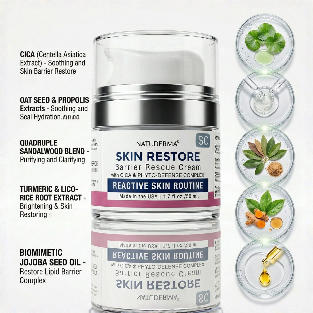 Natuderma Skin Restore Barrier Rescue Cream with ingredients listed on a white background