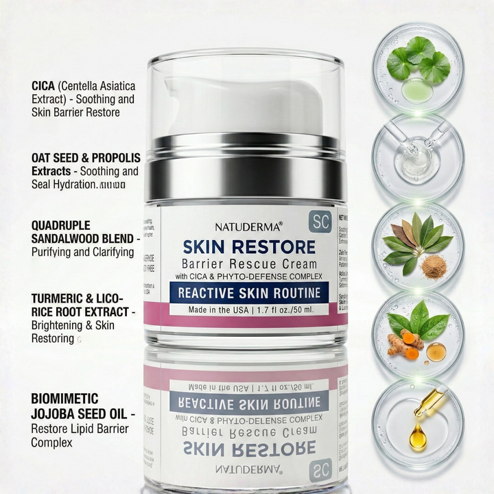 Natuderma Skin Restore Barrier Rescue Cream with ingredients listed on a white background