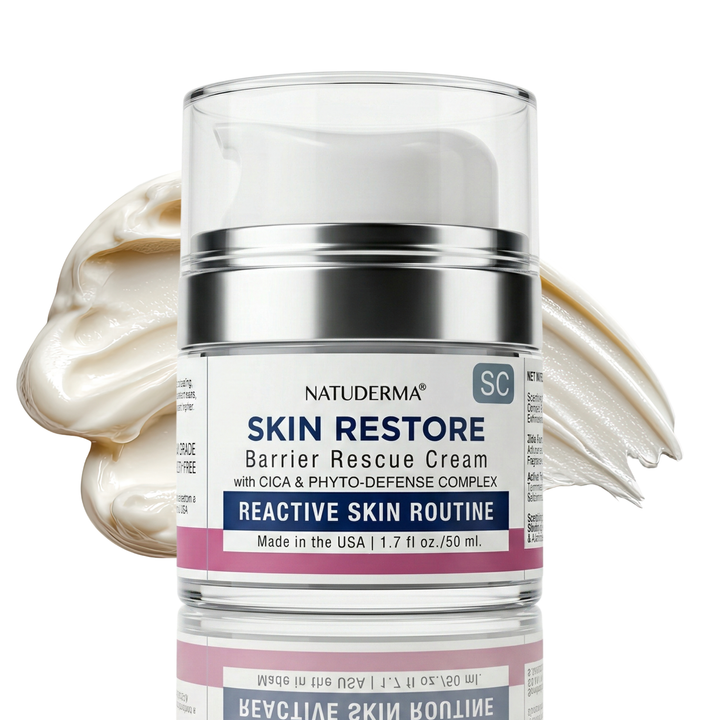 Natuderma Skin Restore Barrier Rescue Cream with cream swatches on a white background