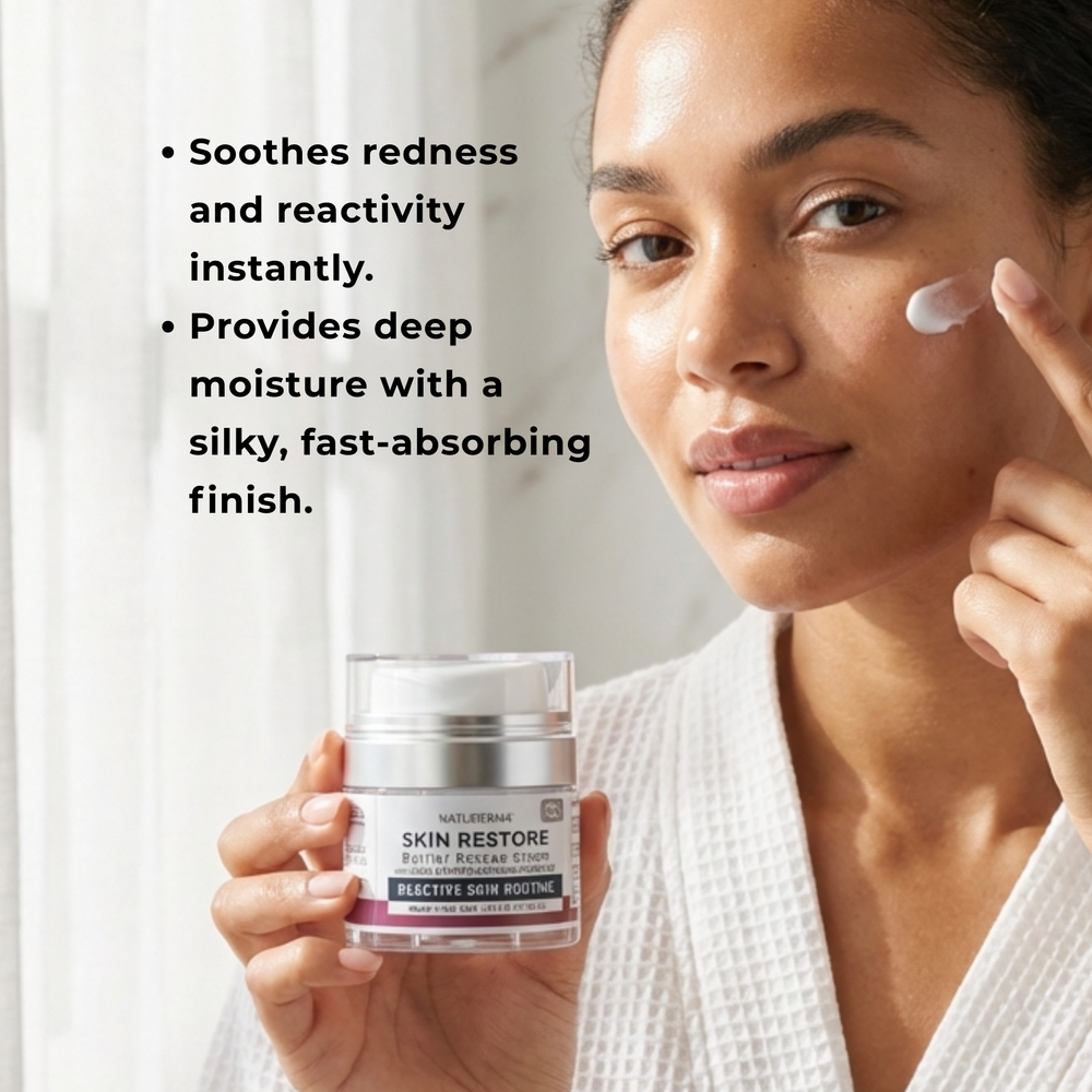 Woman applying Natuderma Skin Restore Cream with text about product benefits
