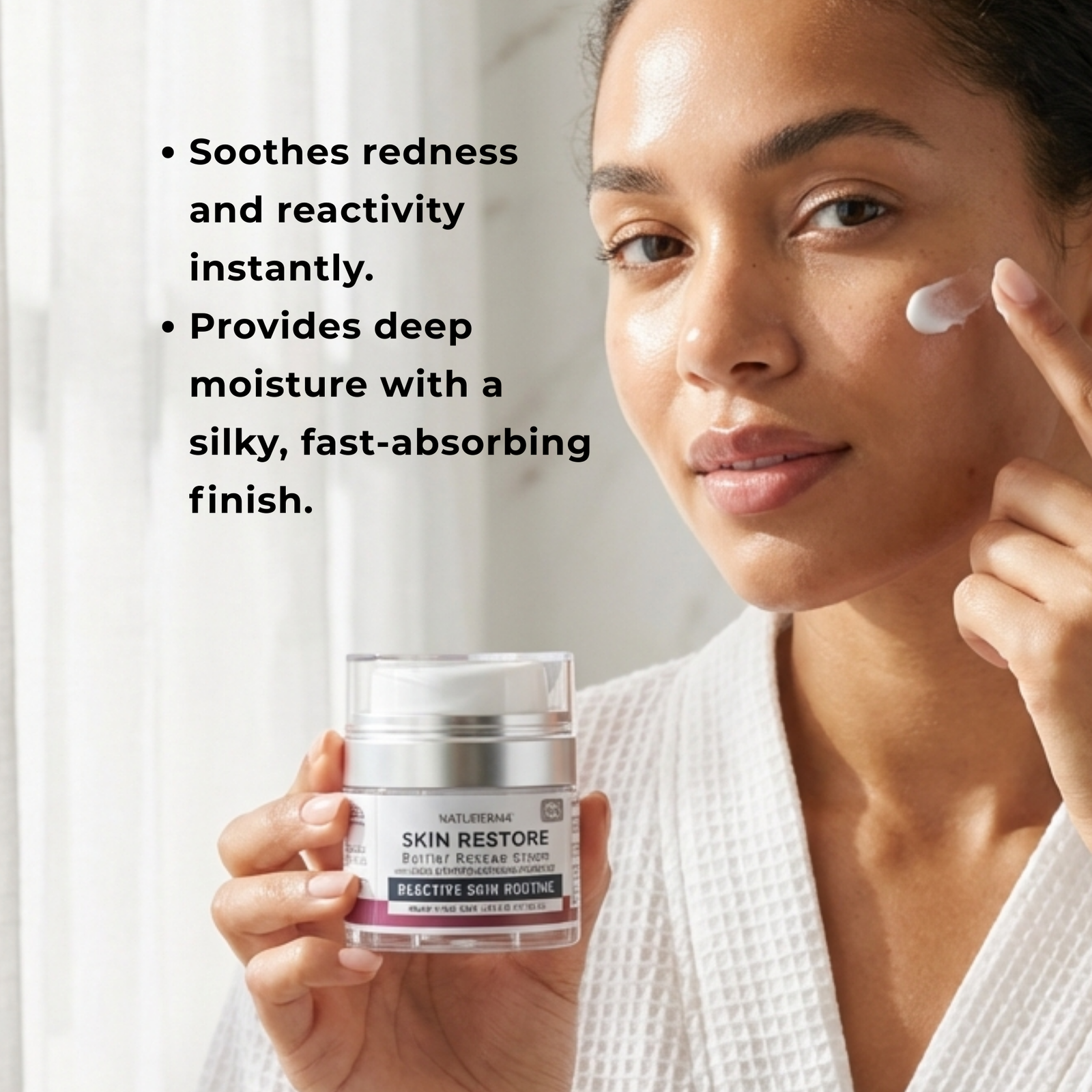 Woman applying Natuderma Skin Restore Cream with text about product benefits