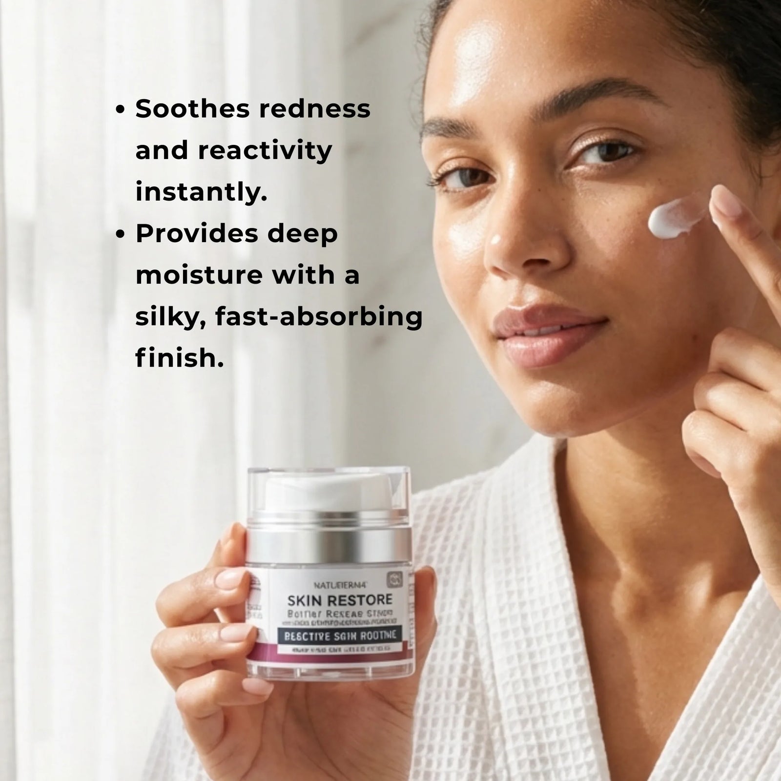 Woman applying Natuderma Skin Restore Cream with text about product benefits