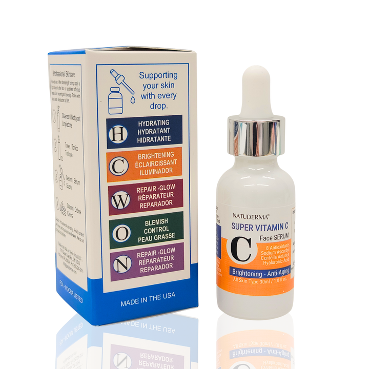 Natuderma Super vitamin C face serum, white bottle dropper, with a box on a white background and says, Supporting your skin with every drop.