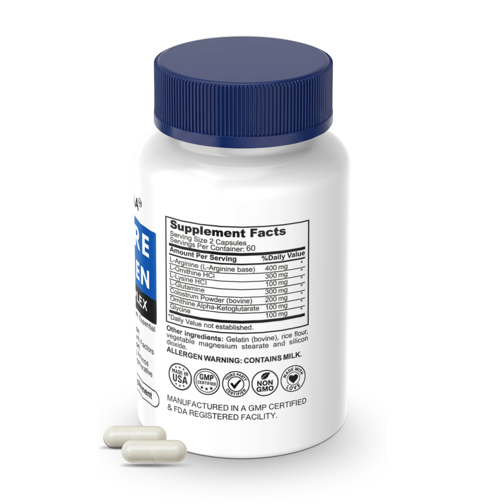 Amino-acids Complex Supplement bottle with blue cap and white label on a white background