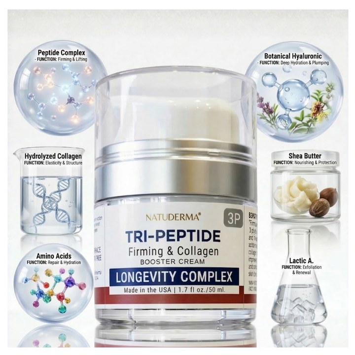 Natuderma Tri-Peptide Firming cream with ingredients displayed on a white background