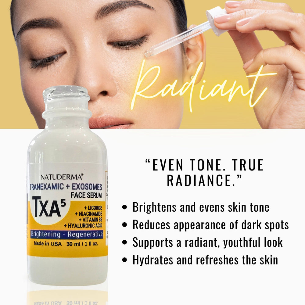 Natuderma TXA5 Tranexamic and Exosomes face serum bottle with a dropper and text about skin benefits on a yellow background.