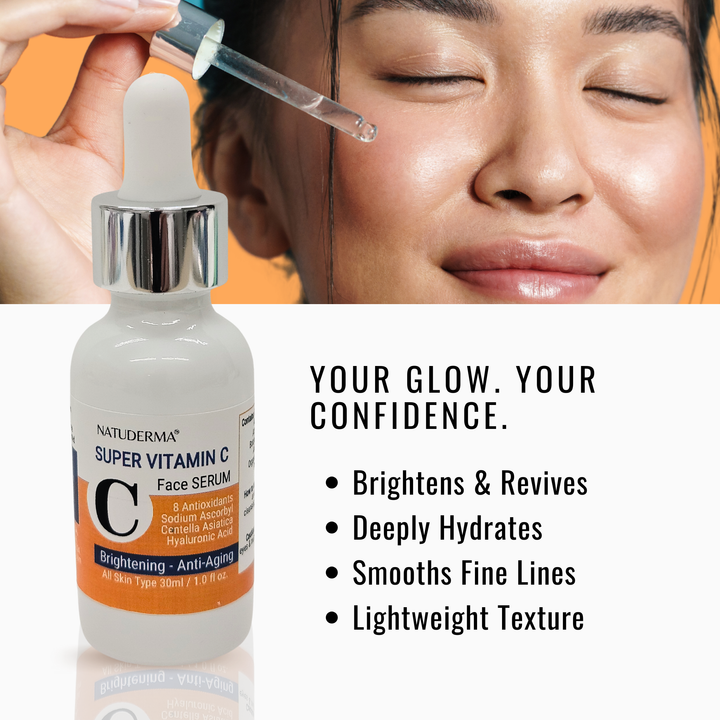 Natuderma Super vitamin C brightening face serum, white bottle dropper, and woman smiling applying the serum on the face.