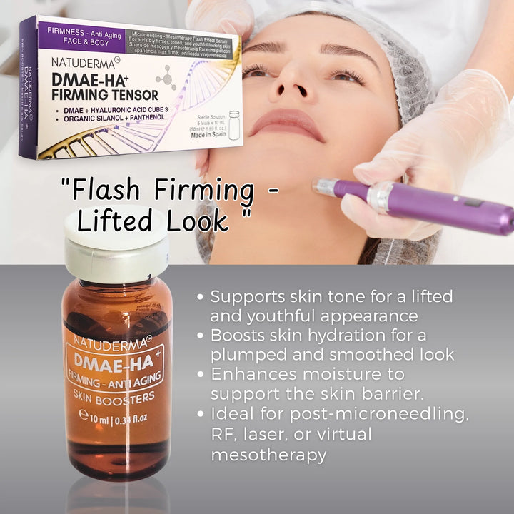 Woman receiving microneedling  treatment with Natuderma DMAE - HA serum, mesotherapy topical product and packaging.