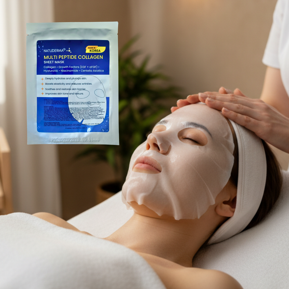 Person receiving a facial treatment with a multi peptide collagen mask, branded 'Naturderma'.