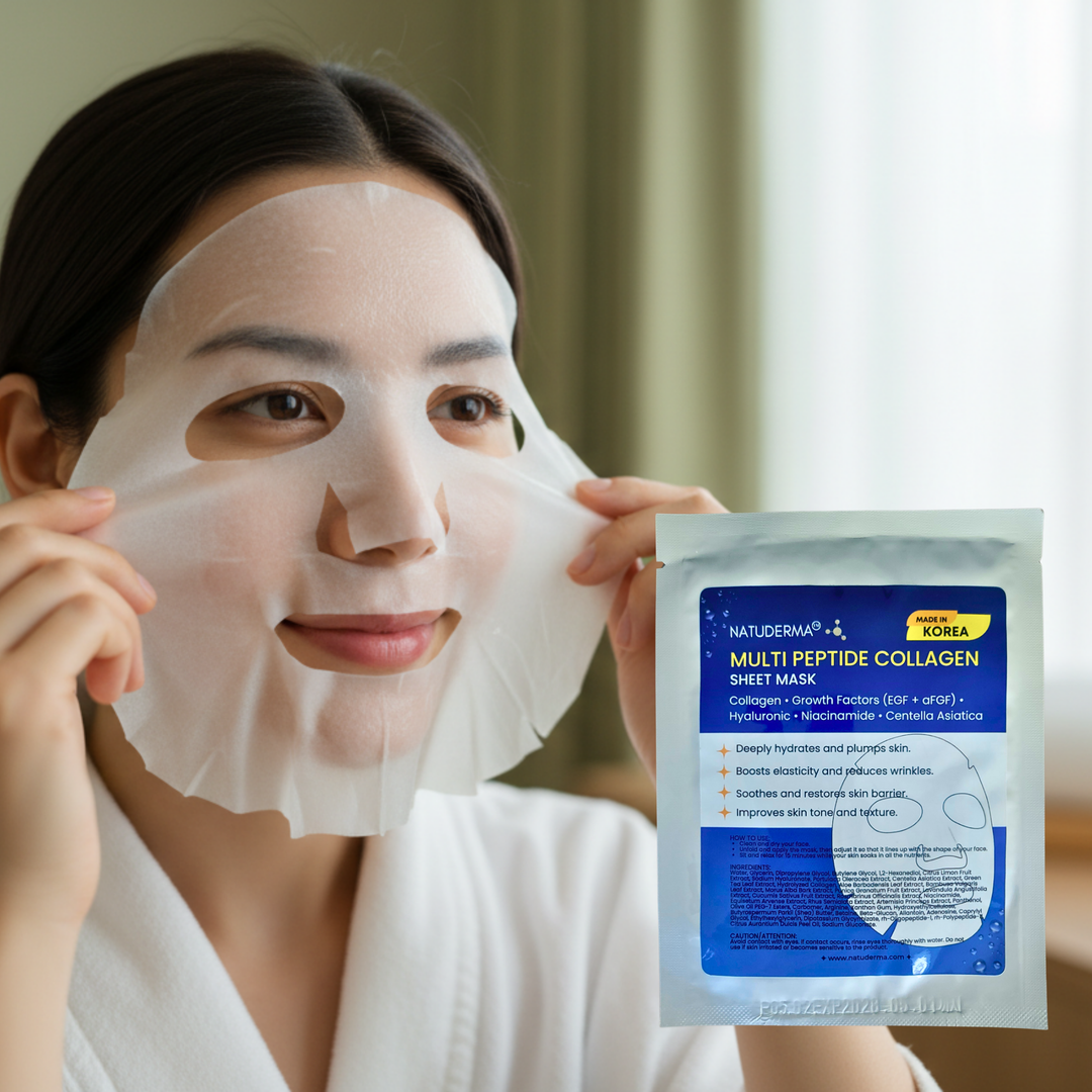 Woman applying a face mask with a package of Natuderma Multi Peptide Collagen Sheet Mask.