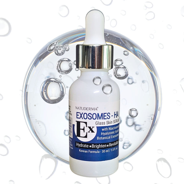 A bottle of Natuderma Exosomes + HA Glass Skin Serum with a white dropper cap and blue label, set against a white background.