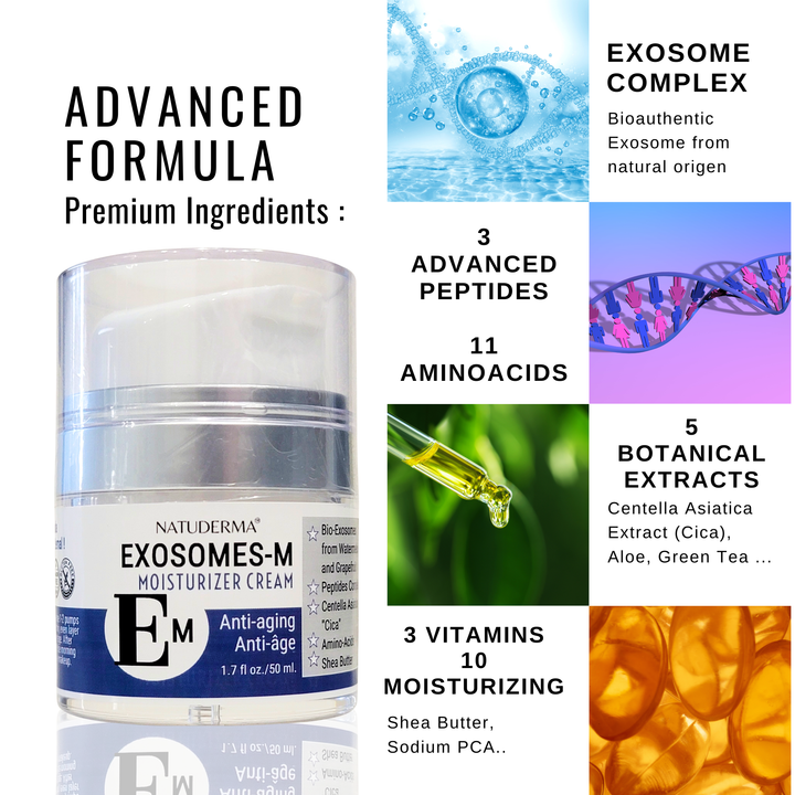 Natuderma Exosomes-M moisturizer cream with ingredients listed on a white background