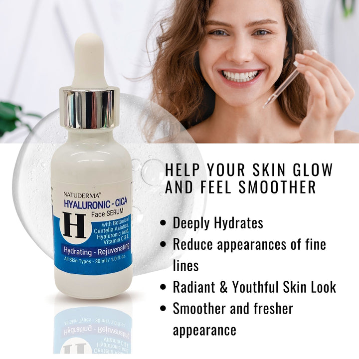 Natuderma Hyaluronic Cica face serum with a woman applying it, and product details on a white background.