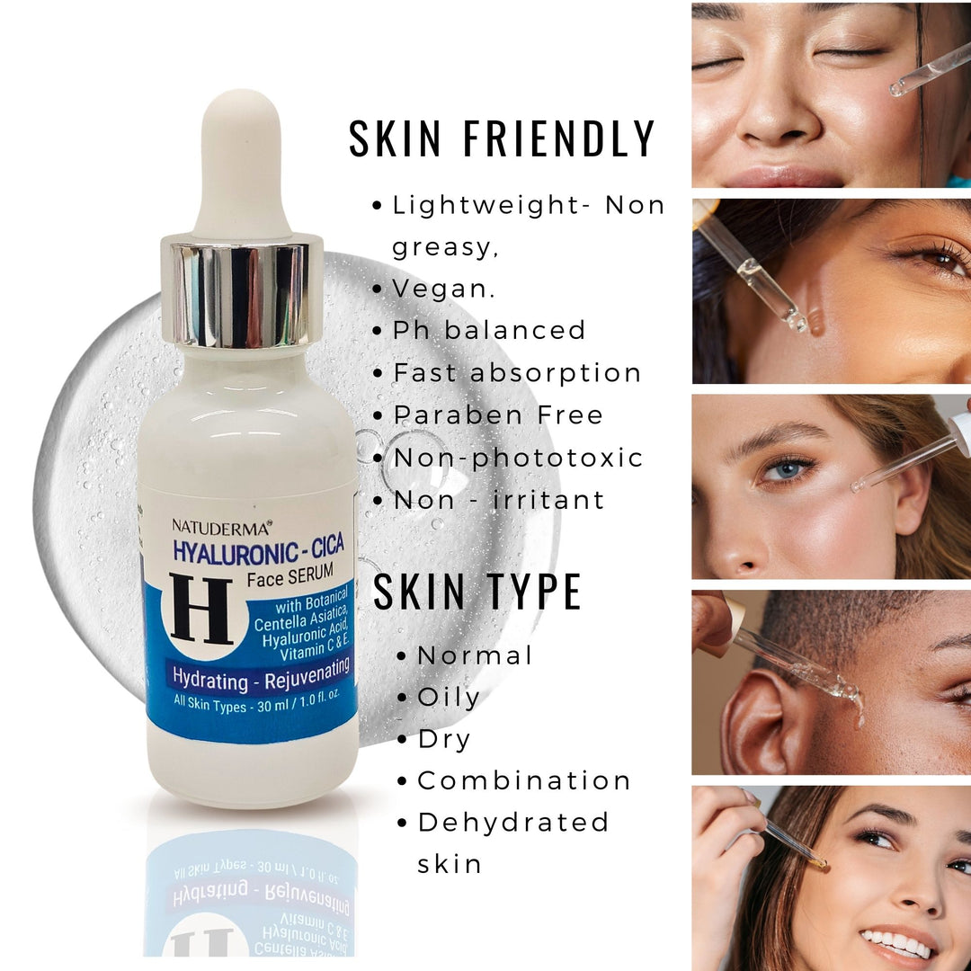 Natuderma Hyaluronic Cica face serum with product details and usage examples.