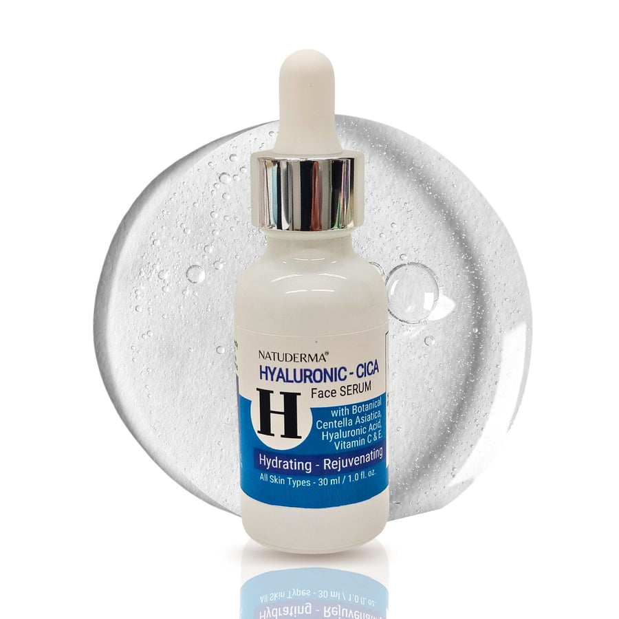 Natuderma Hyaluronic Acid and Cica Face Serum bottle with dropper on a white background
