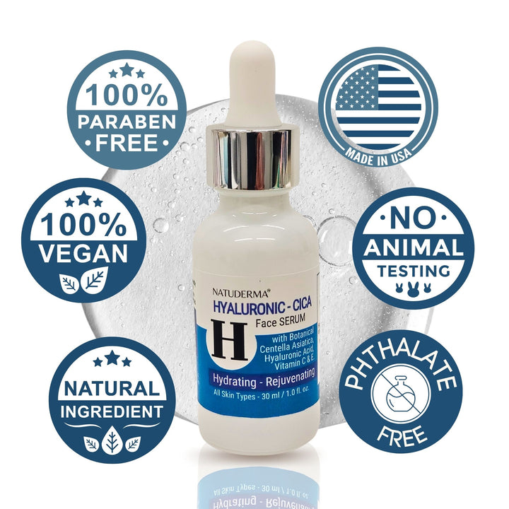 Natuderma Hyaluronic Cica face serum bottle with certification badges on a white background