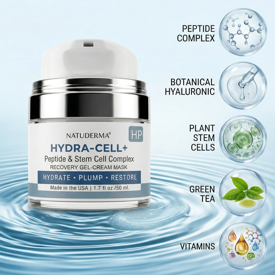 Natuderma Hydra-cell Skin recovery hydrating treatment mask with ingredients bubbles on water splash background