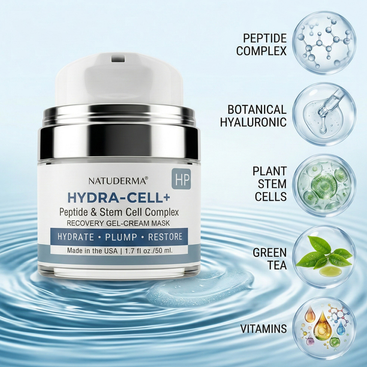 Natuderma Hydra-cell Skin recovery hydrating treatment mask with ingredients bubbles on water splash background