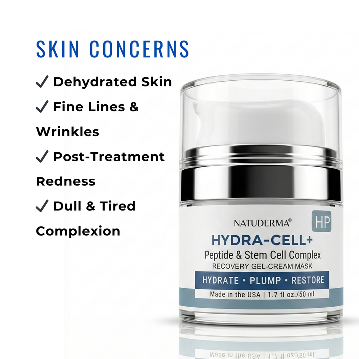Natuderma Hydra-cell  recovery gel  cream with Peptide and stem cell jar showing skin concern on white background  