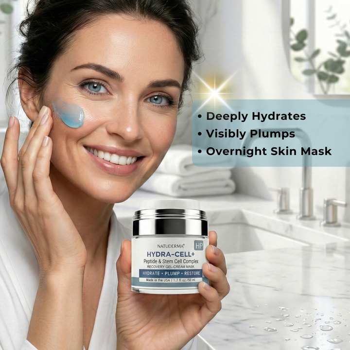 Woman auto applying Natuderma Hydra-cell  recovery gel  cream with Peptide and stem cell jar on bath background