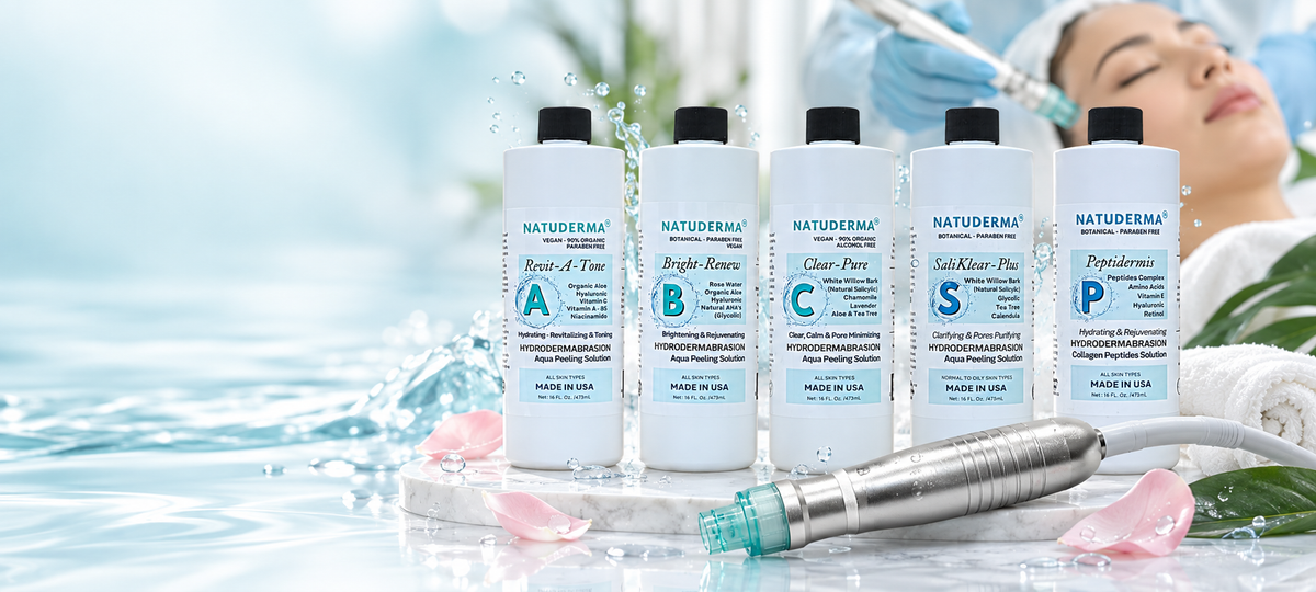 Natuderma hydrodermabrasion solutions with treatment handpiece and multiple formula options for professional facial treatments