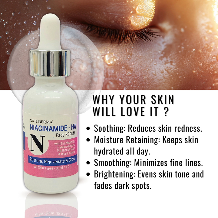 Natuderma Niacinamide HA face serum bottle with text highlighting benefits on a blurred background of skin and dropper.