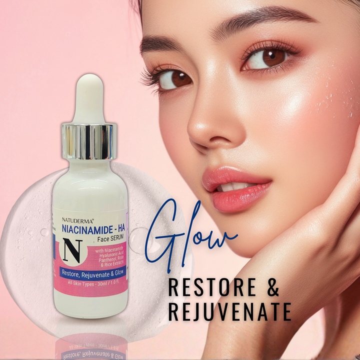 Niacinamide Serum for Sensitive Skin  Redness Relief with a woman's face on a pink background, featuring the text 'Glow Restore & Rejuvenate'.