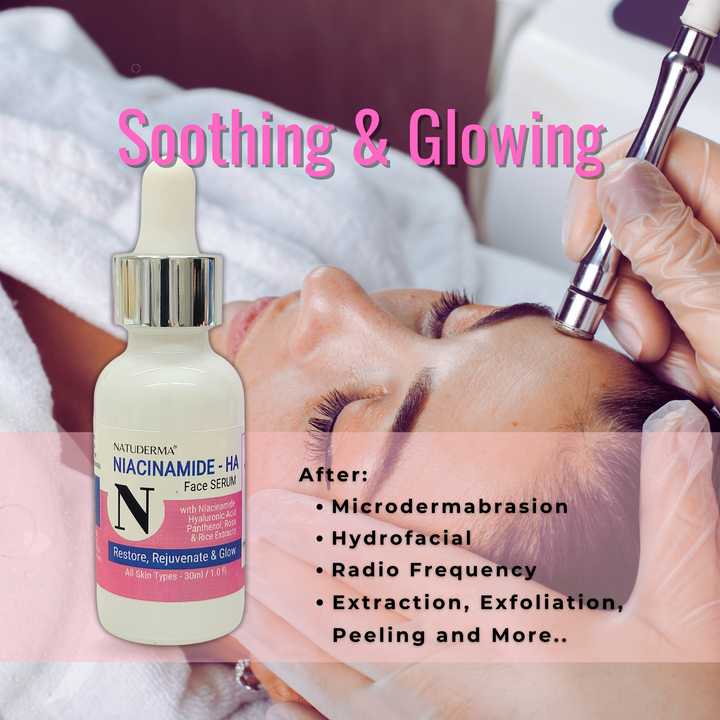 Facial serum bottle with text 'Soothing & Glowing' and a gloved hand applying serum to a face.