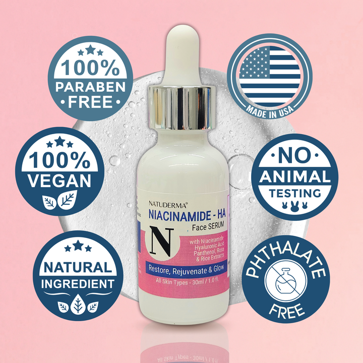 Natuderma Niacinamide-HA face serum bottle with certification icons on a pink background
