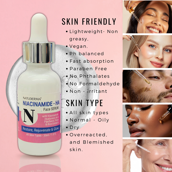 Natuderma Niacinamide HA face serum bottle with product details on a pink background