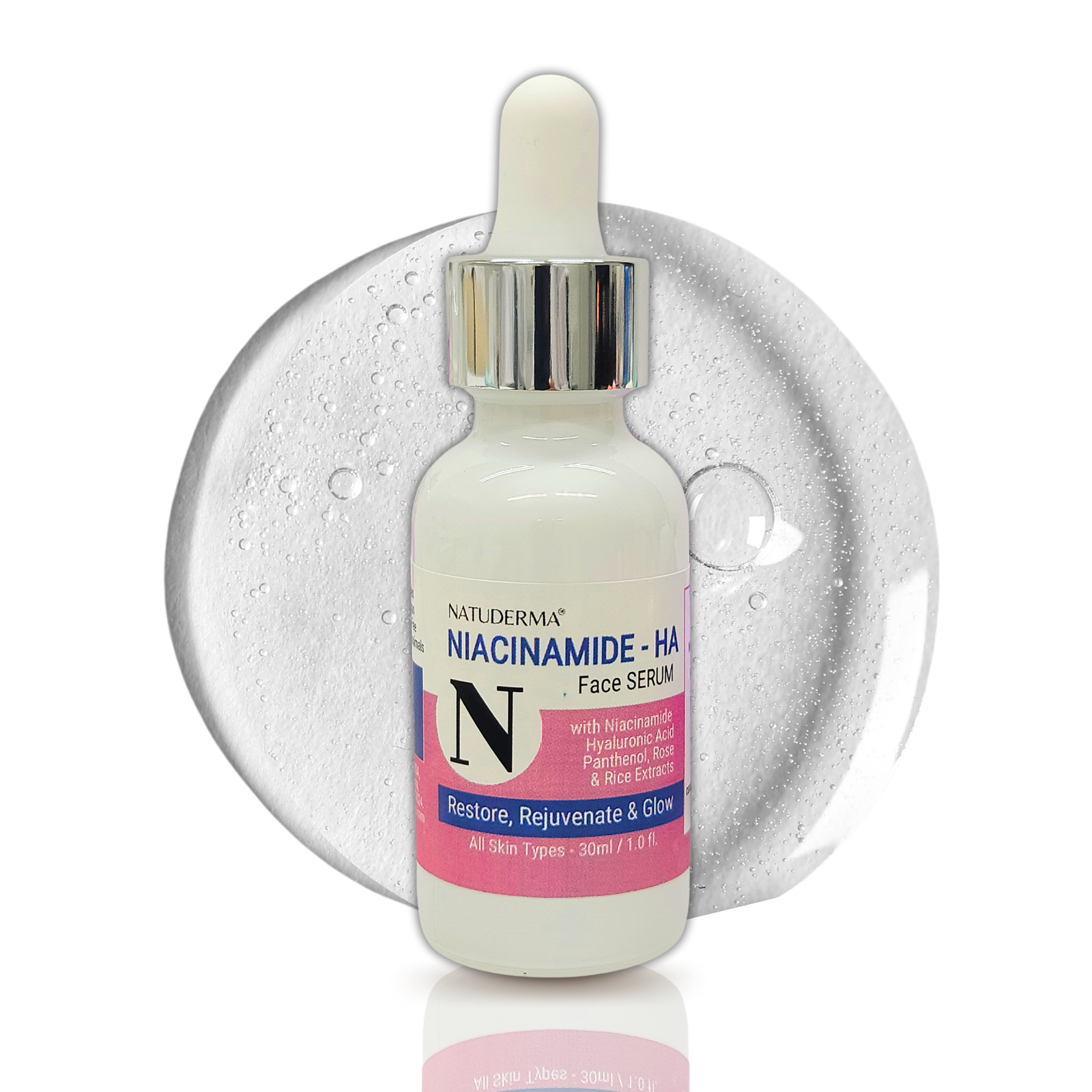 Natuderma niacinamide serum for sensitive skin, to repair skin barrier "Niacinamide-HA" bottle with dropper on a white background