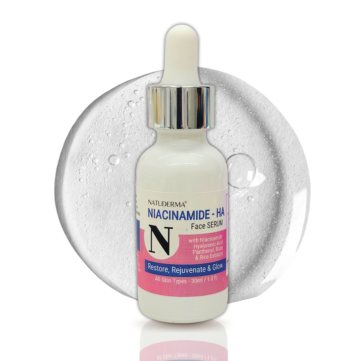 Natuderma Niacinamide-HA face serum bottle with dropper on a white background