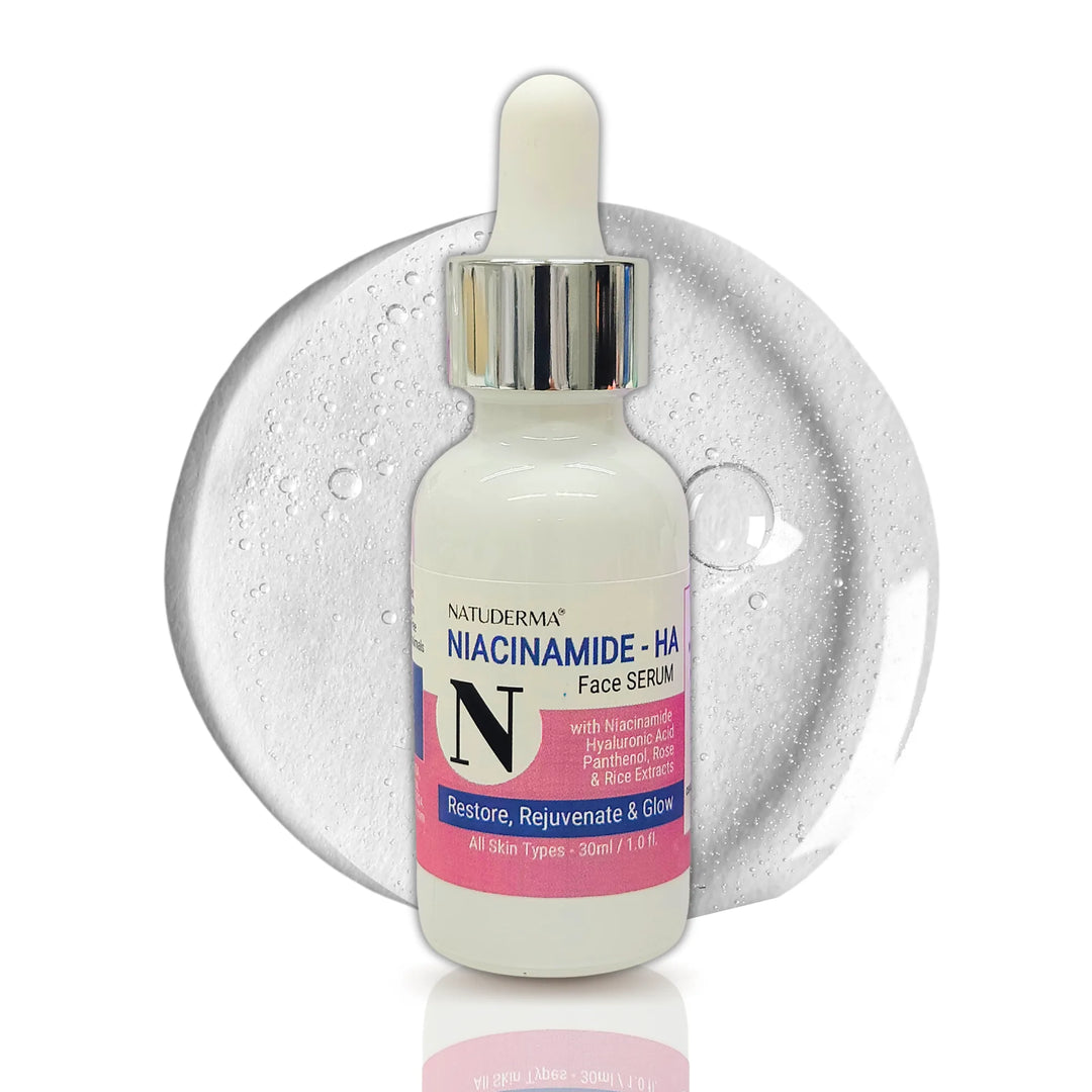 Natuderma niacinamide serum for sensitive skin, to repair skin barrier "Niacinamide-HA" bottle with dropper on a white background