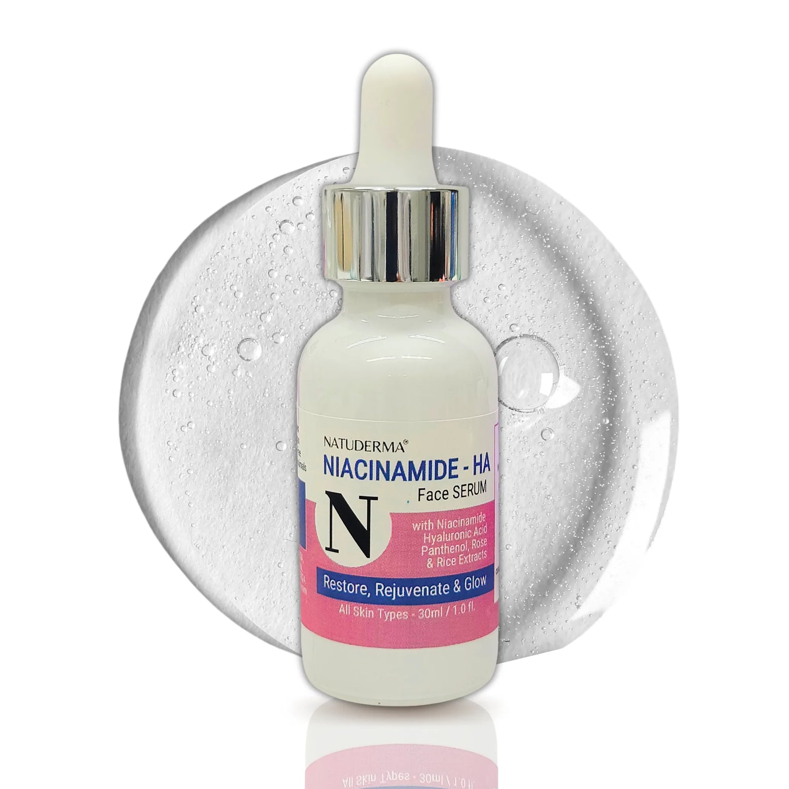 Natuderma niacinamide serum for sensitive skin, to repair skin barrier "Niacinamide-HA" bottle with dropper on a white background