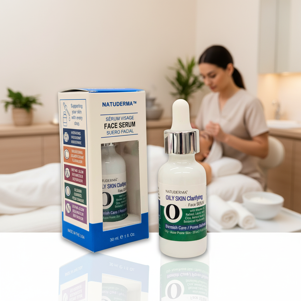 Natuderma oily skin clarifying face serum with packaging on spa setting with esthetician at the back