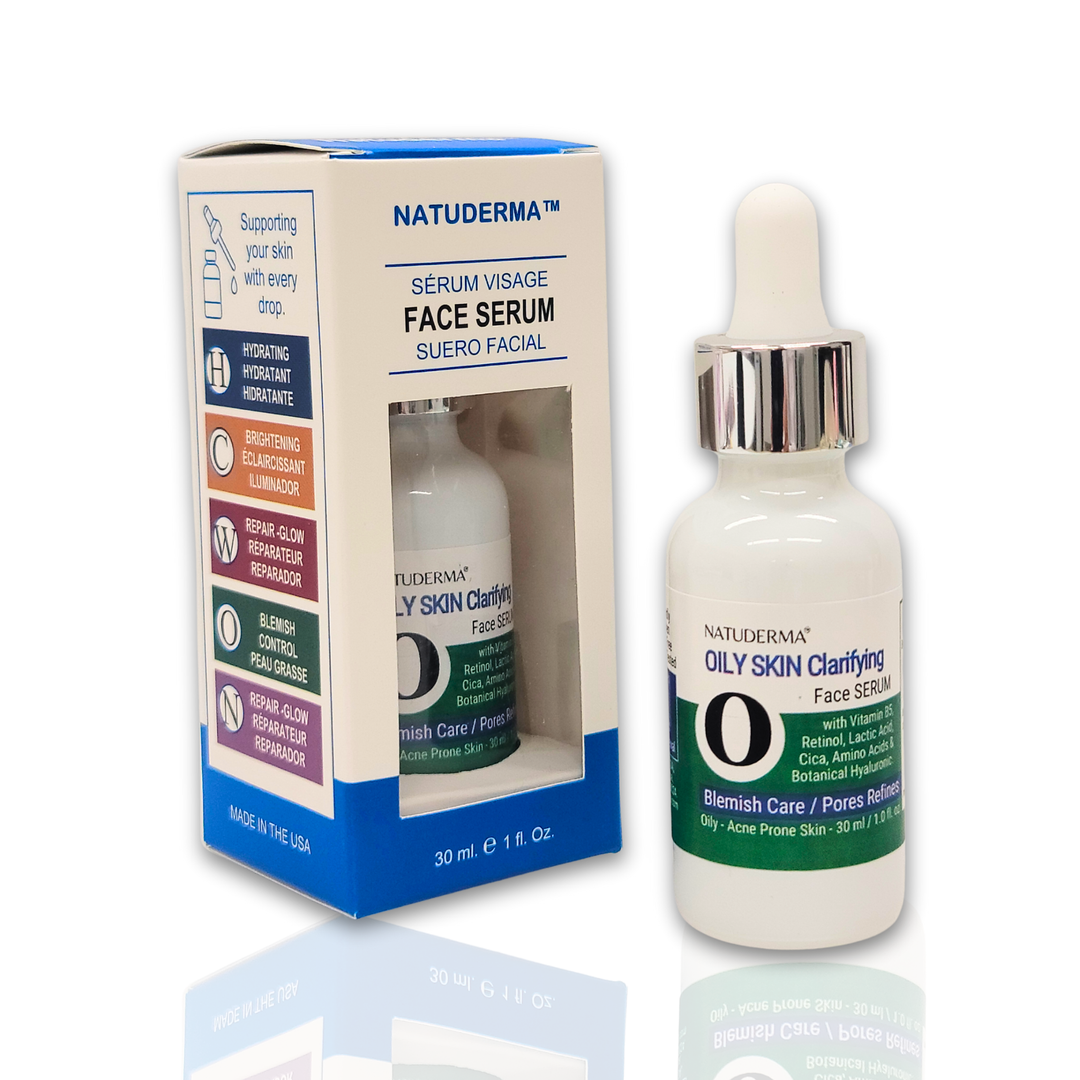 Side-by-side view of the Natuderma Oily Skin Clarifying Serum bottle and its white and blue retail box, displaying blemish control and skin repair benefits.