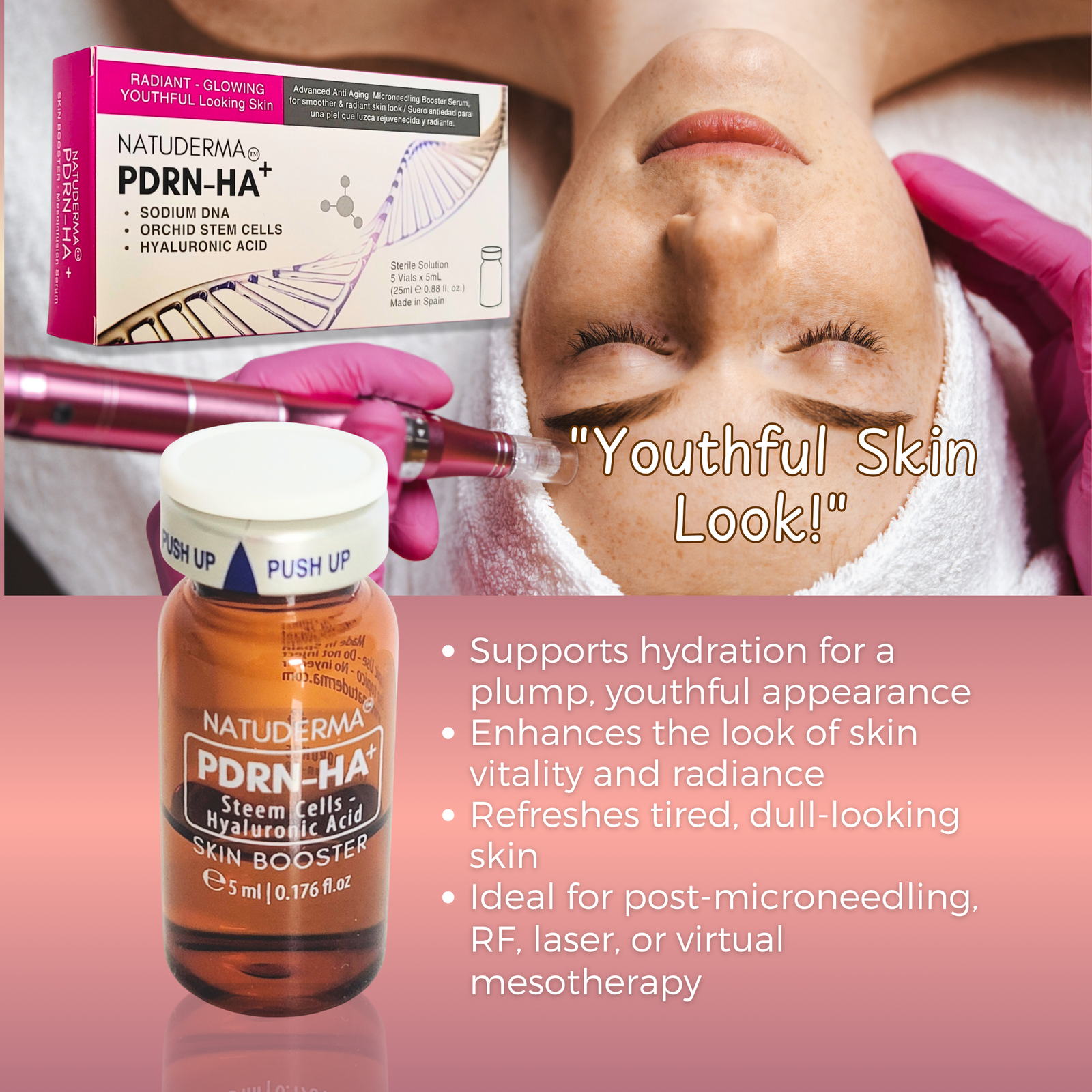 Natuderma PDRN-HA+ product with skin benefits, for hydration, plumped and youthful look. Women having microneedling treatment background