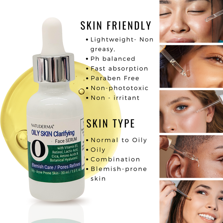 Close-up photos of diverse skin textures being treated with serum drops, alongside a list of benefits like "Non-greasy," "pH balanced," and "Non-irritant".