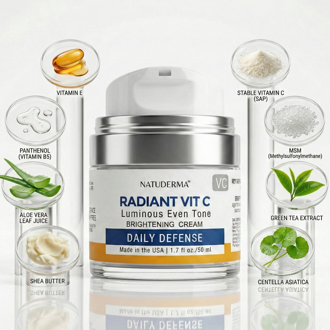 Natuderma Radiant Vit C cream with ingredients displayed on a white background