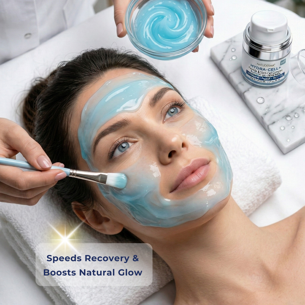 Woman with blue eyes laying on spa bed, while esthetician apply the a blue Skin recovery hydrating treatment mask of Natuderma Hydra-Cell